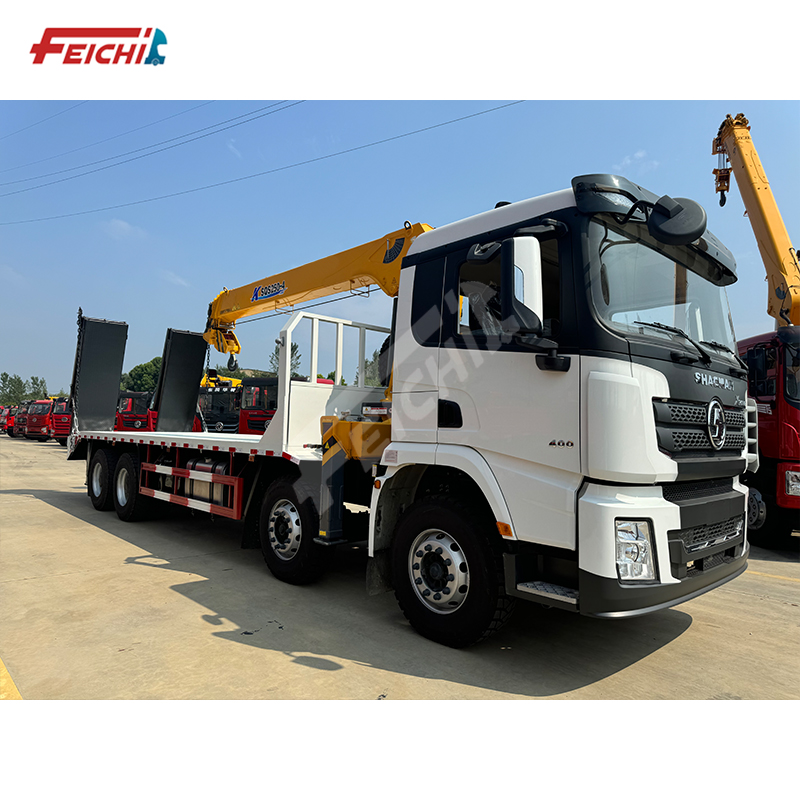 SHACMAN X3000 8x4 Low Flat Bed Transport Straight Boom Crane Truck 50Ton Capacity